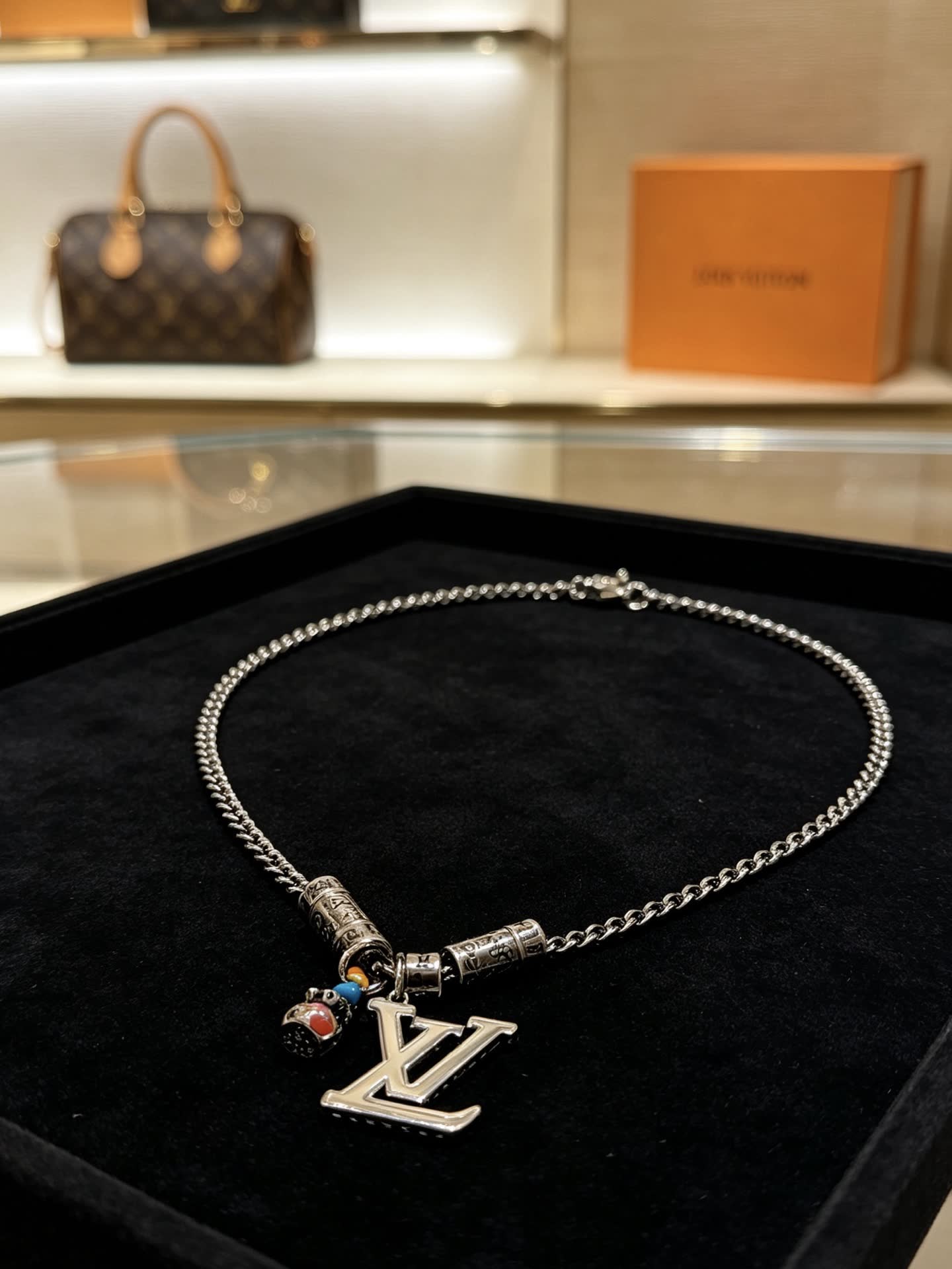Louis Vuitton Silver Tone Chain Necklace with LV Logo and Charms